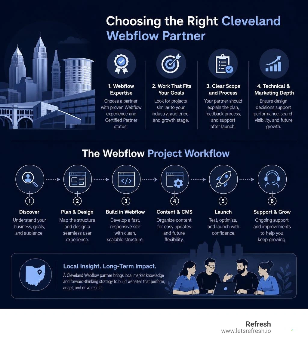 Cleveland Webflow partner selection and project workflow infographic