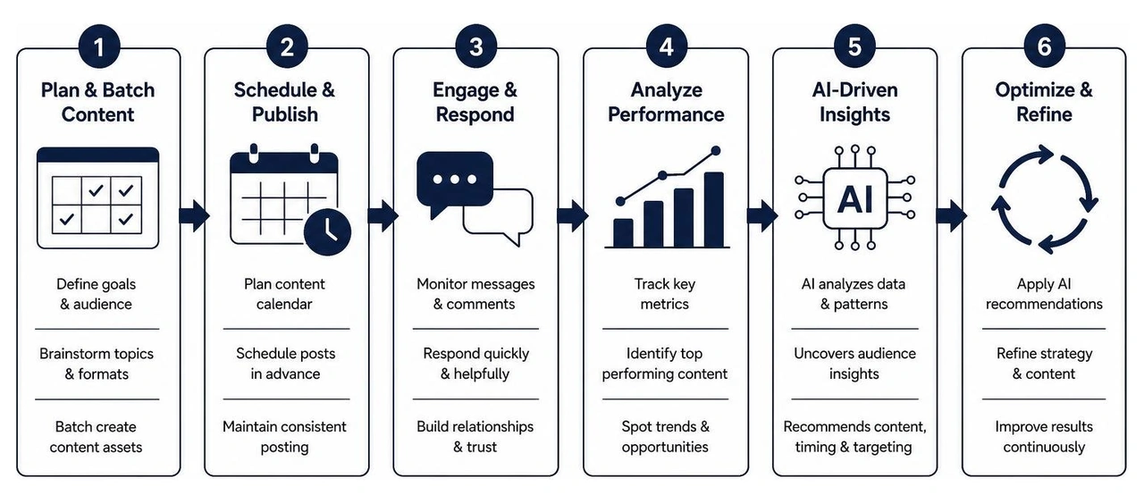 Diagram of SMB social media workflow from content batching to AI-driven optimization