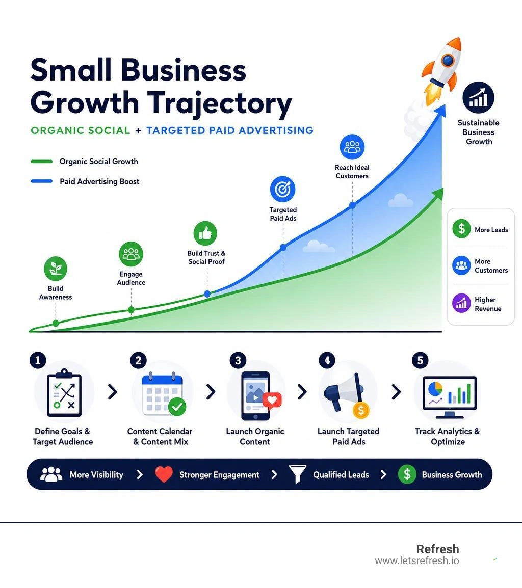 Small business growth trajectory showing organic social combined with targeted paid advertising infographic