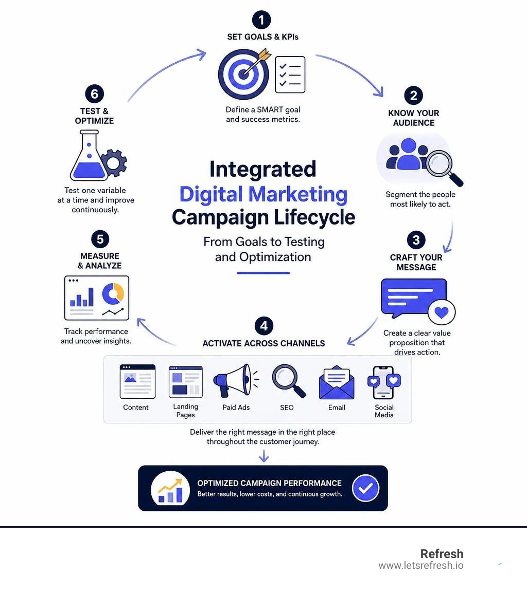 Integrated digital marketing campaign lifecycle from goals to testing and optimization infographic Integrated digital marketing campaign lifecycle from goals to testing and optimization infographic