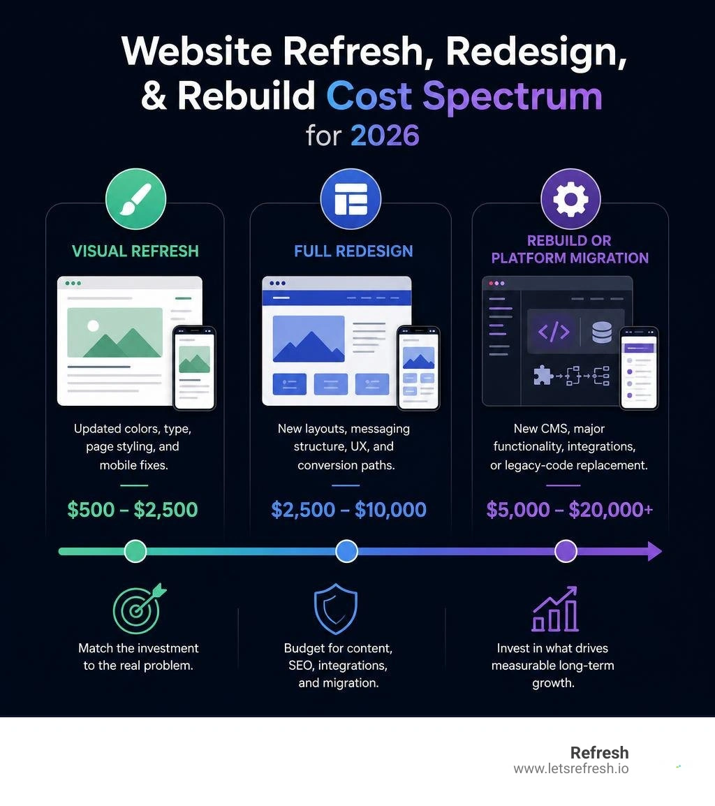 Website refresh, redesign, and rebuild cost spectrum for 2026 infographic Website refresh, redesign, and rebuild cost spectrum for 2026 infographic