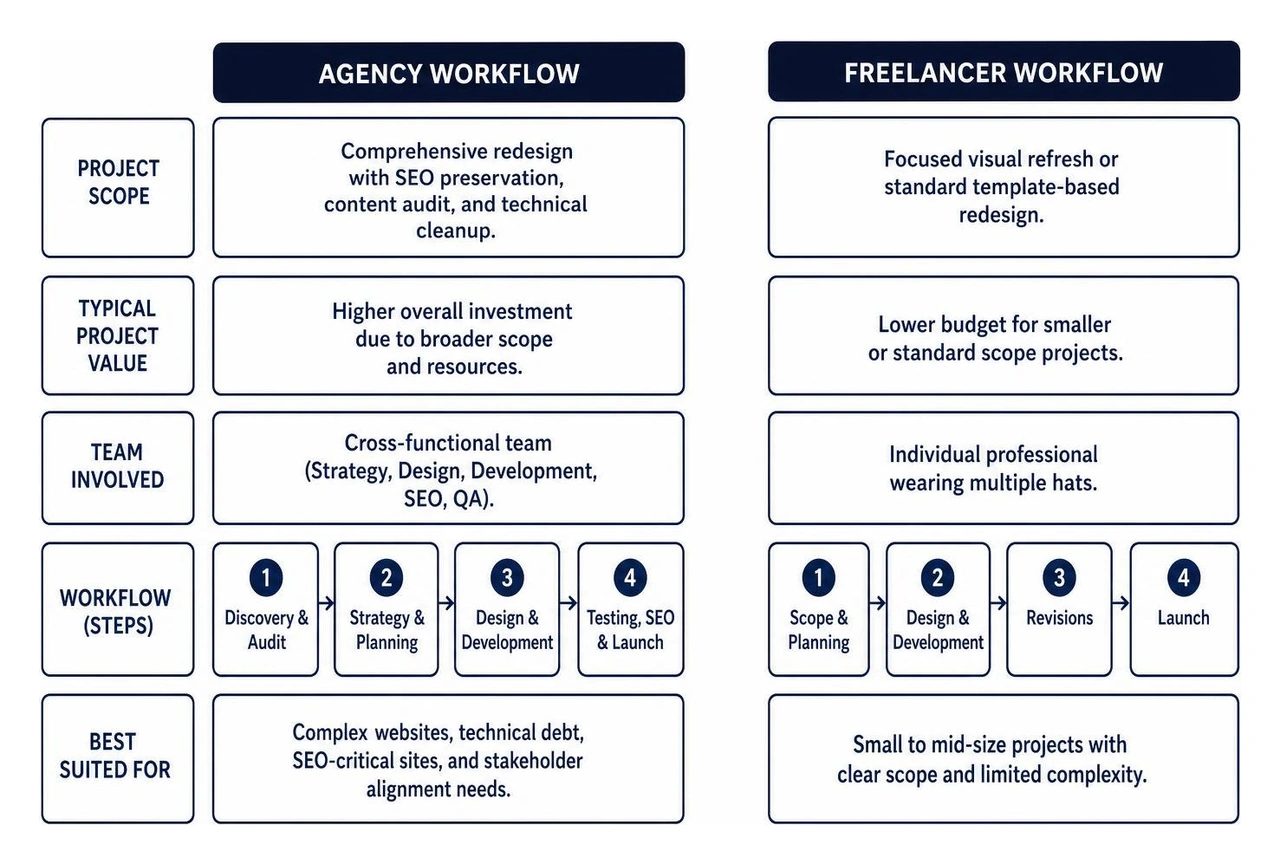 Comparison between agency and freelancer project scopes and workflows Comparison between agency and freelancer project scopes and workflows