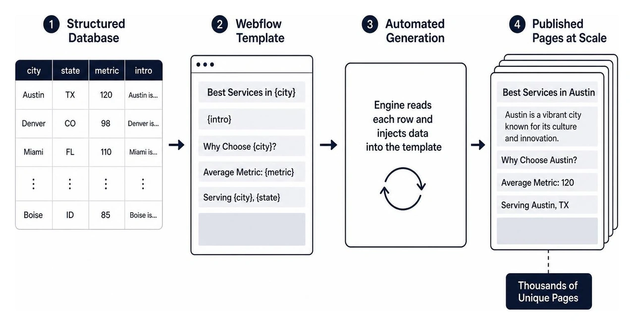 Diagram showing how structured databases populate dynamic Webflow templates to automatically generate thousands of pages