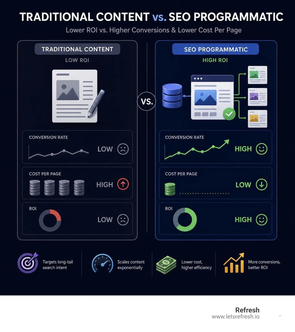 Infographic comparing low traditional content ROI versus high programmatic conversion rates and lower cost per page Infographic comparing low traditional content ROI versus high programmatic conversion rates and lower cost per page