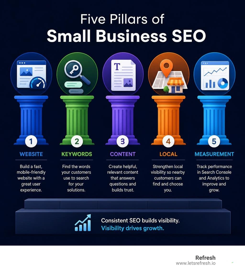 Five pillars of small business SEO: website, keywords, content, local, measurement infographic Five pillars of small business SEO: website, keywords, content, local, measurement infographic