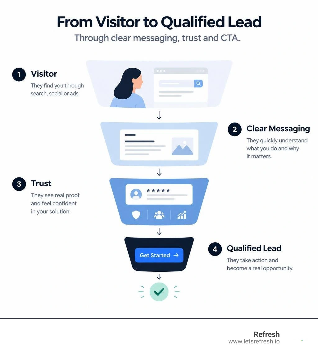 Conversion funnel from visitor to qualified lead through clear messaging trust and CTA infographic