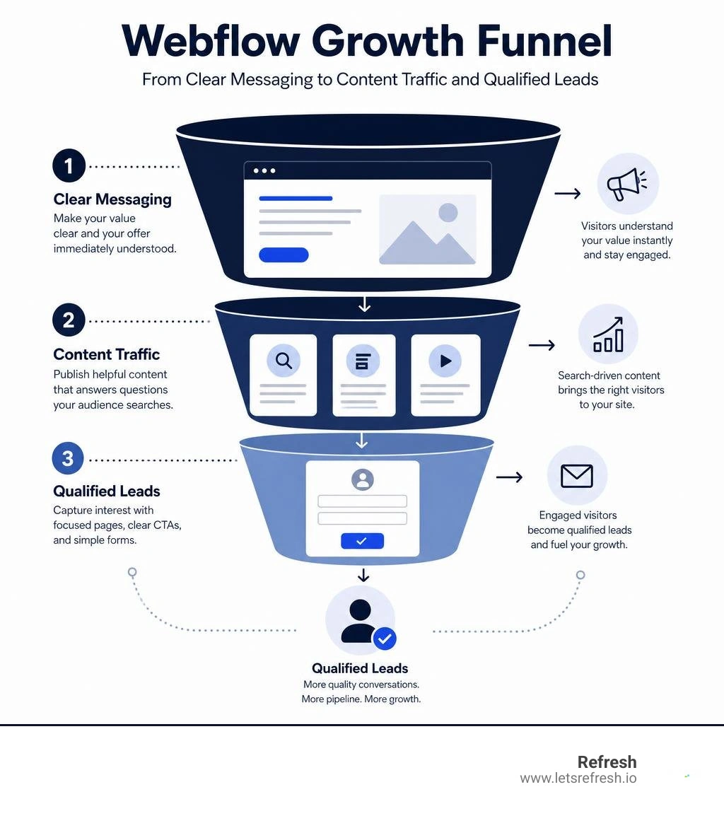 Webflow growth funnel from clear messaging to content traffic and qualified leads infographic Webflow growth funnel from clear messaging to content traffic and qualified leads infographic