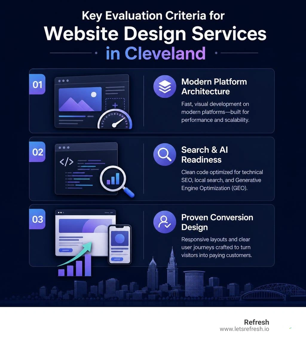 Key evaluation criteria for website design services in Cleveland infographic Key evaluation criteria for website design services in Cleveland infographic