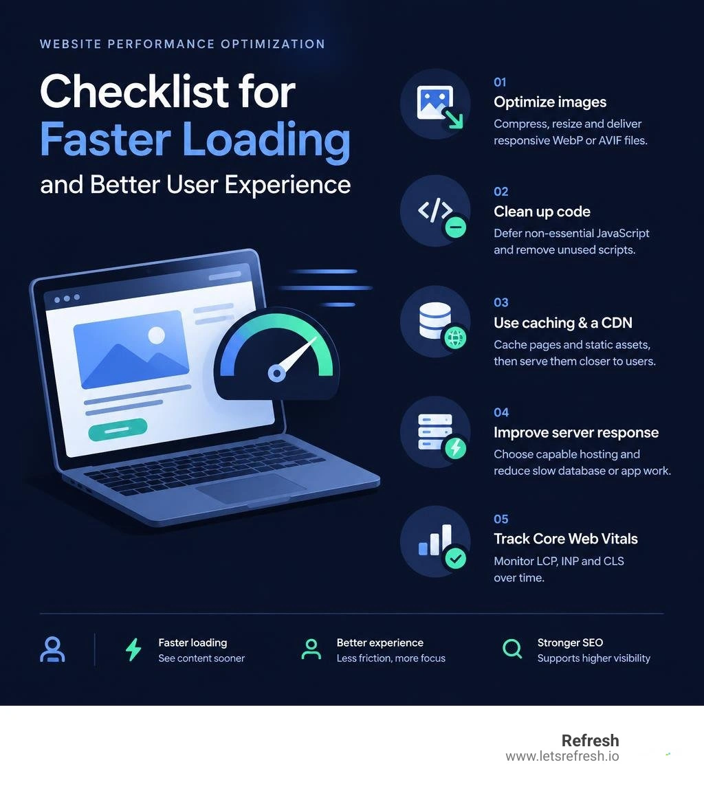 Website performance optimization checklist for faster loading and better user experience infographic Website performance optimization checklist for faster loading and better user experience infographic