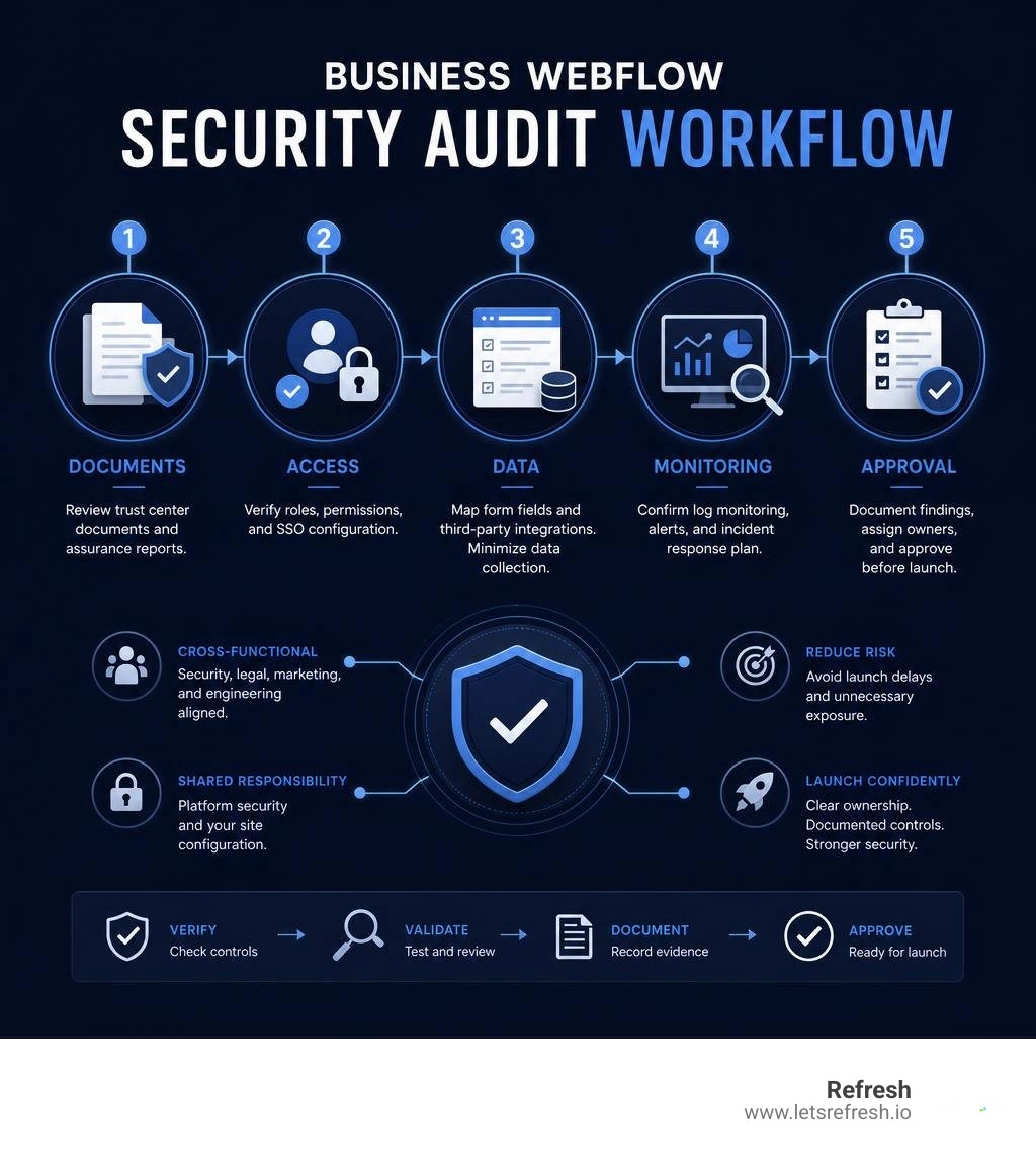 Business Webflow security audit workflow: documents, access, data, monitoring, approval infographic Business Webflow security audit workflow: documents, access, data, monitoring, approval infographic
