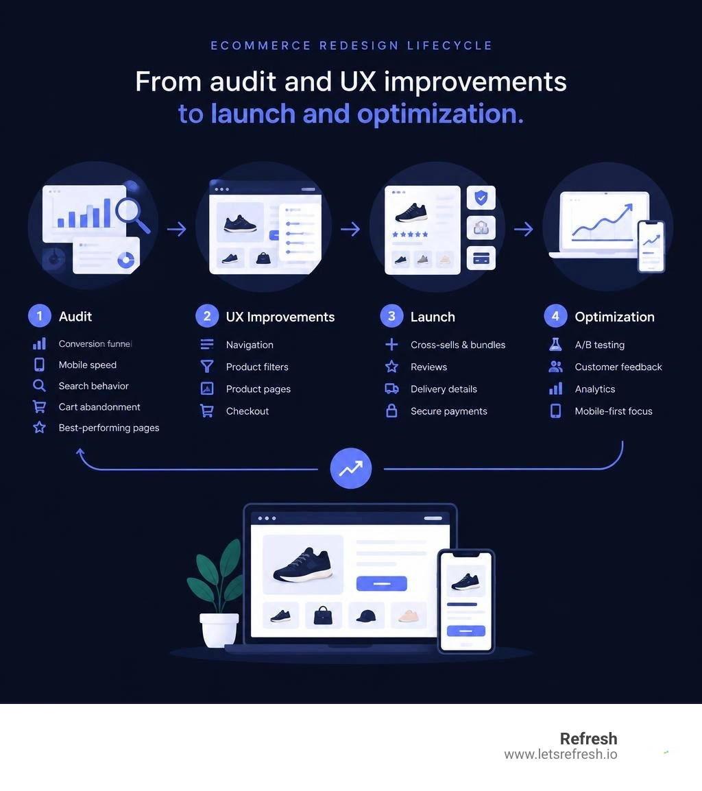 Ecommerce redesign lifecycle from audit and UX improvements to launch and optimization infographic Ecommerce redesign lifecycle from audit and UX improvements to launch and optimization infographic