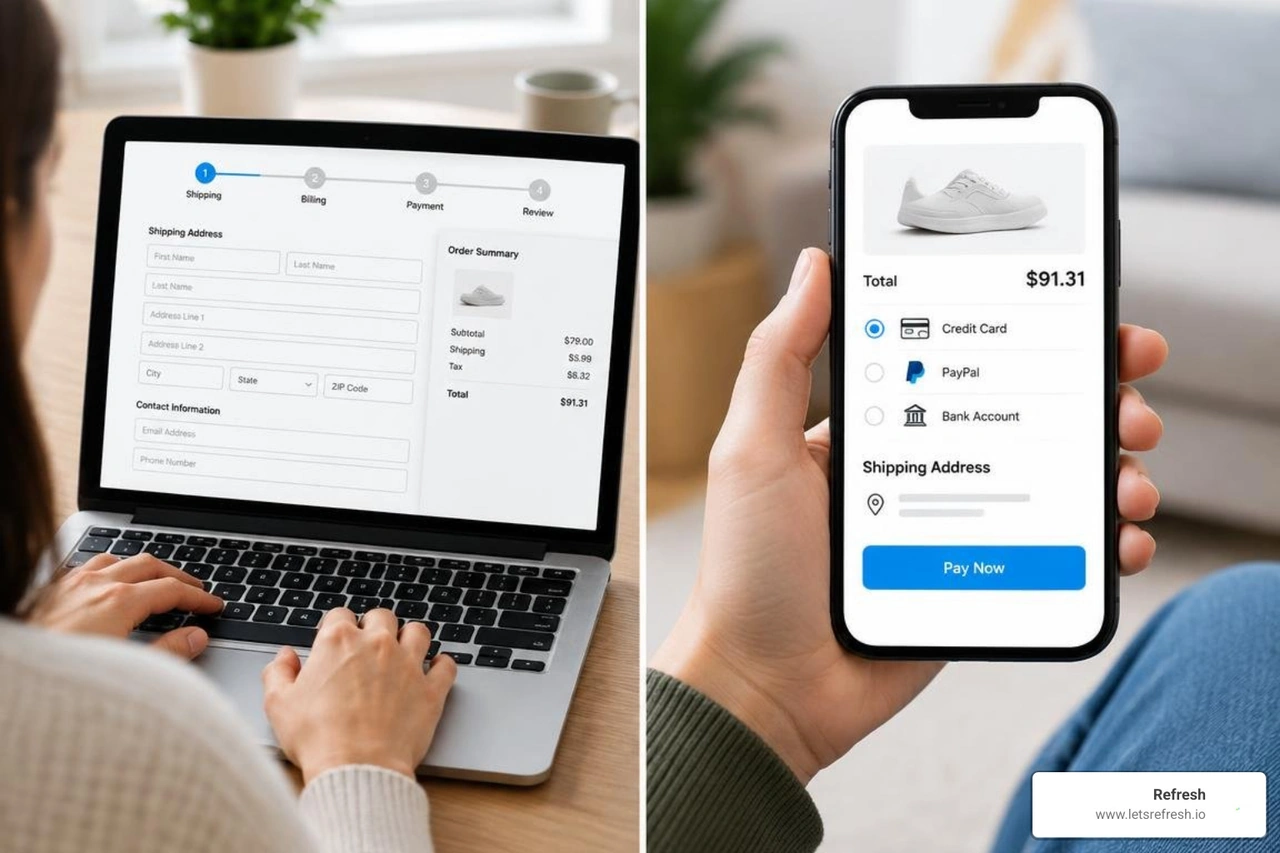 Legacy checkout UI compared with modern one-page frictionless checkout experience Legacy checkout UI compared with modern one-page frictionless checkout experience