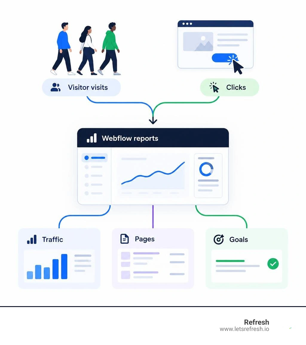 Visitor visits and clicks flow into Webflow reports for traffic, pages, and goals infographic Visitor visits and clicks flow into Webflow reports for traffic, pages, and goals infographic