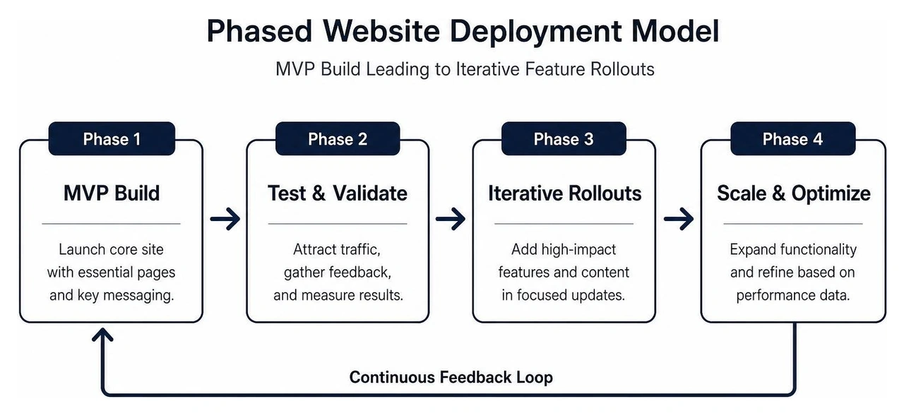 Phased website deployment model showing MVP build leading to iterative feature rollouts
