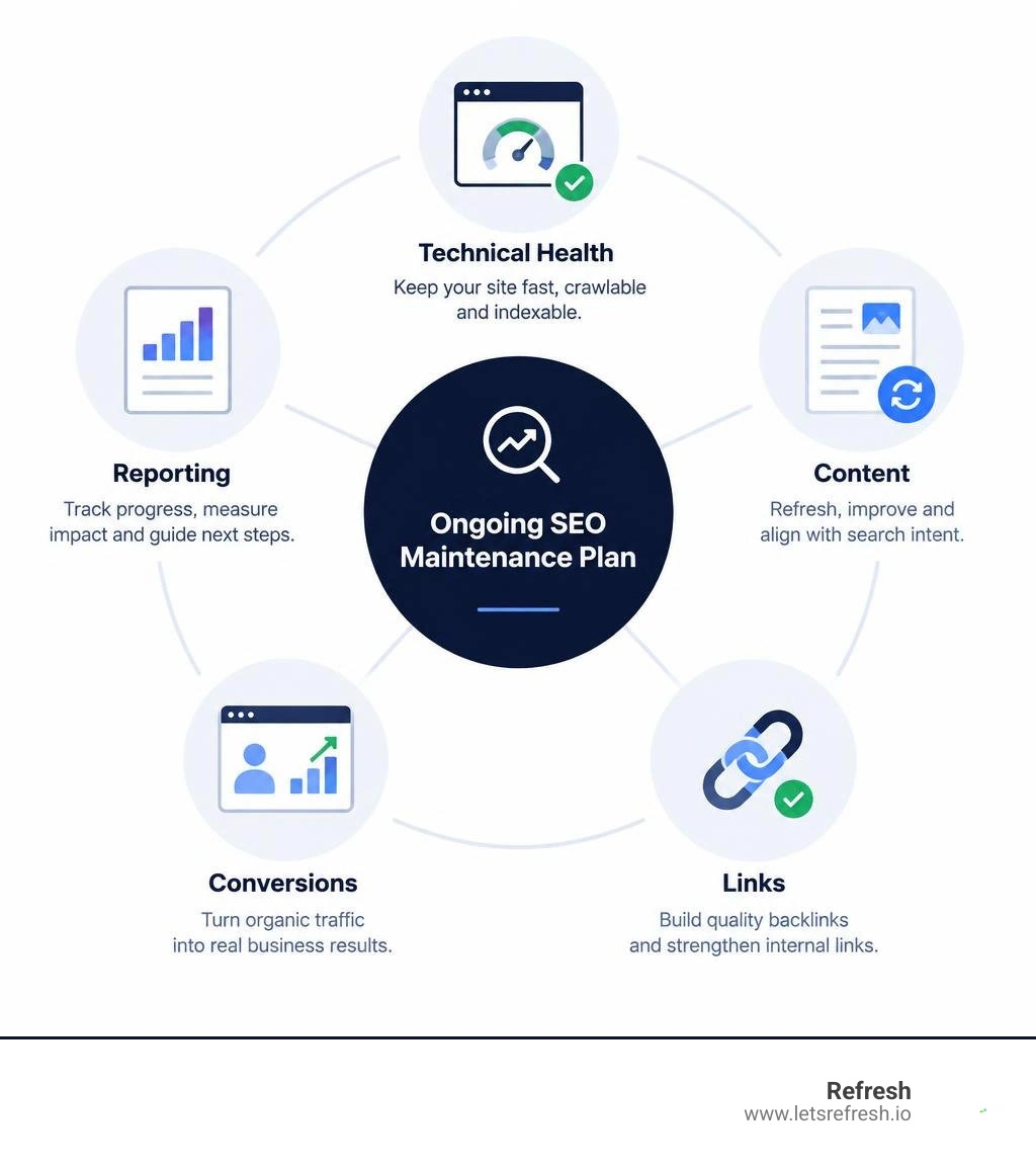 Ongoing SEO maintenance plan: technical health, content, links, reporting, and conversions infographic Ongoing SEO maintenance plan: technical health, content, links, reporting, and conversions infographic