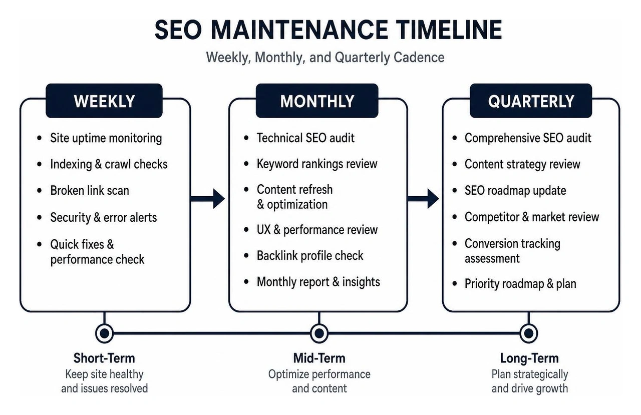 SEO maintenance timeline: weekly, monthly, and quarterly SEO maintenance timeline: weekly, monthly, and quarterly