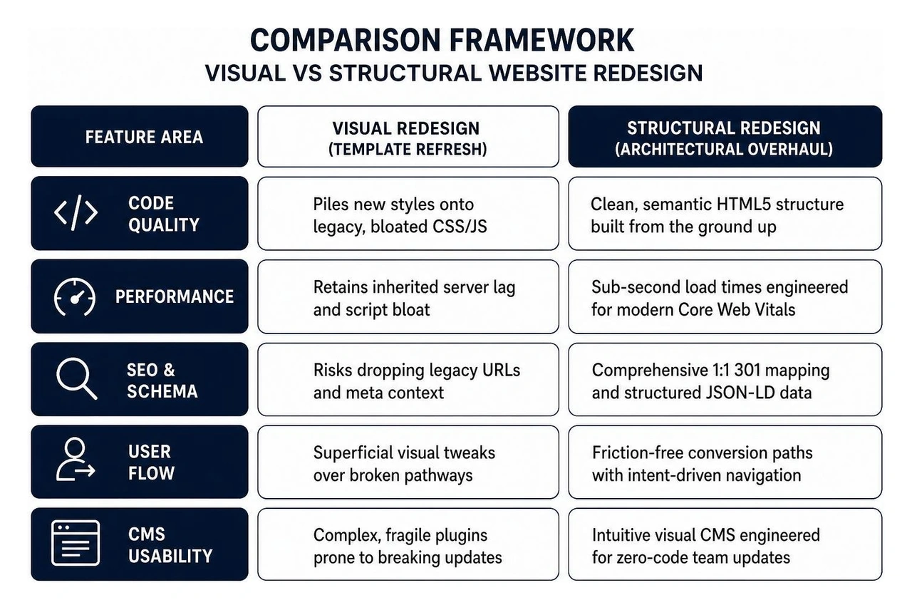 Comparison framework of visual vs structural website redesign Comparison framework of visual vs structural website redesign