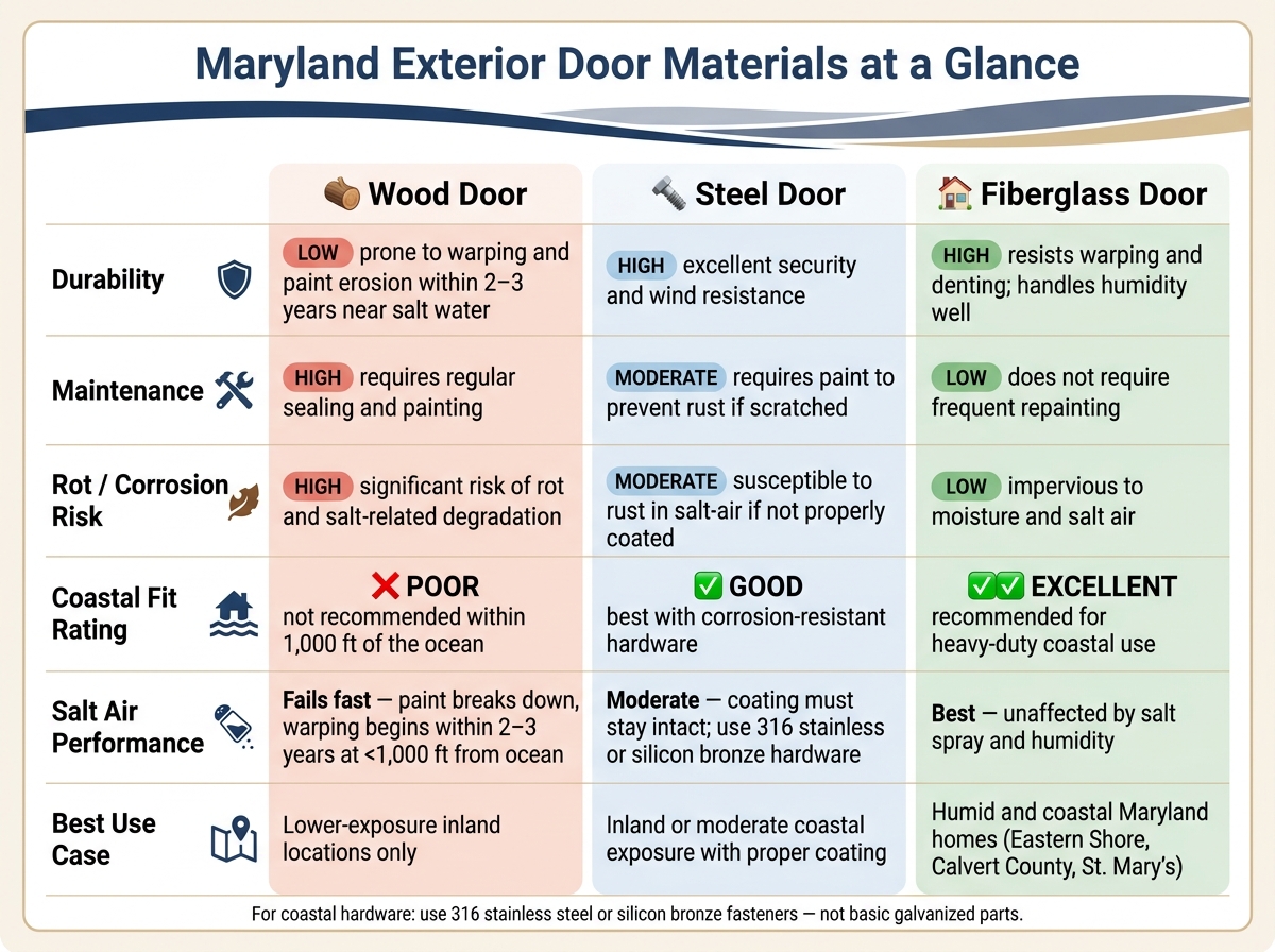 Maryland Exterior Door Materials: Fiberglass vs Steel vs Wood Comparison