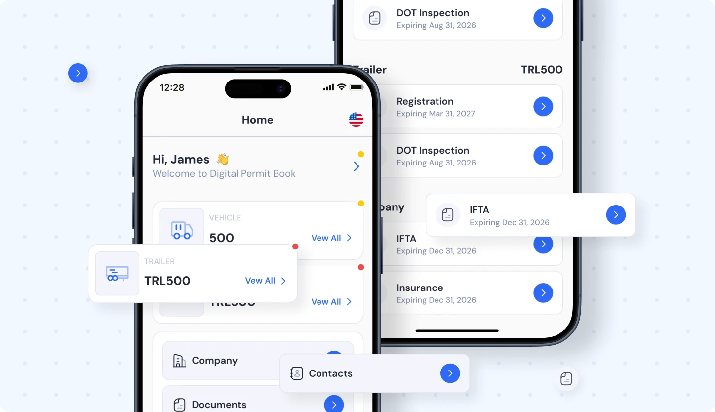 Digital Permit Book driver app home screen with assigned truck, trailer, and IFTA documents