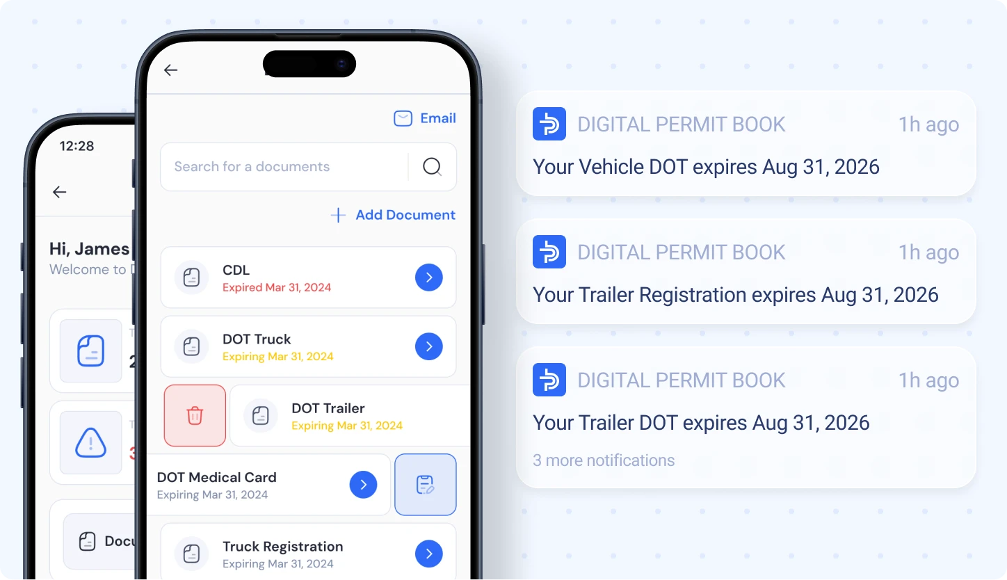Owner-operator app showing CDL, DOT, and registration documents with expiration alerts
