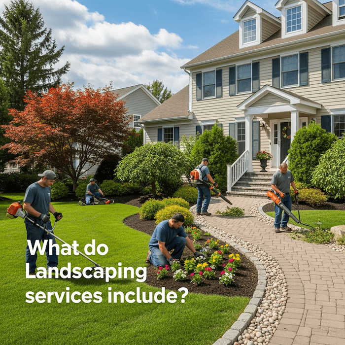 Landscaping team providing services in front yard