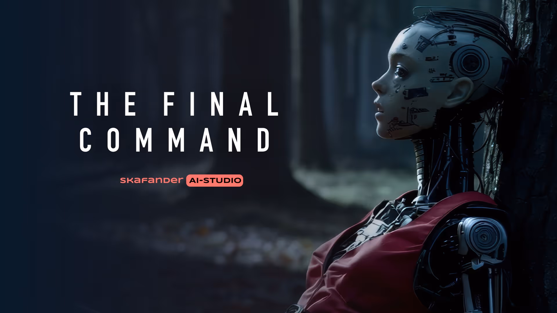 Side profile of a humanoid robot with exposed mechanical parts and a red garment, leaning against a tree in a dim forest.