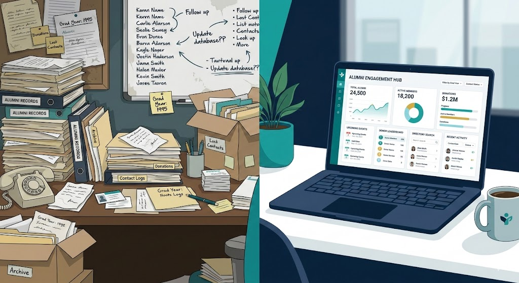 A split-screen graphic comparing manual alumni tracking methods with a modern scalable behavioral health alumni management software dashboard