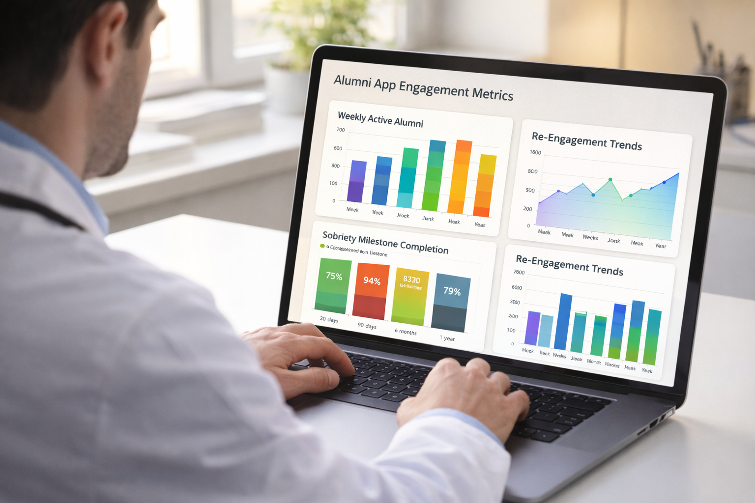 A behavioral health data analyst reviewing app analytics for rehab outcomes on a laptop, with charts showing alumni engagement and sobriety milestone trends