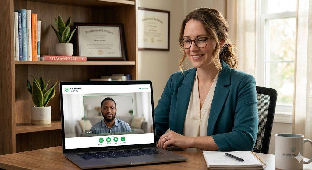 A behavioral health counselor conducting a telehealth video session with an alumni patient through a HIPAA-compliant recovery app, illustrating telehealth integration in behavioral health software solutions 