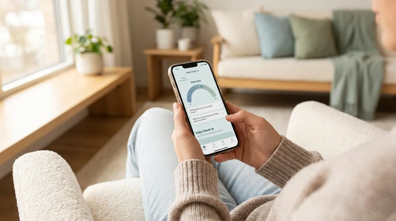 Individual using a HIPAA-compliant healthcare app to communicate with a treatment provider and track recovery.