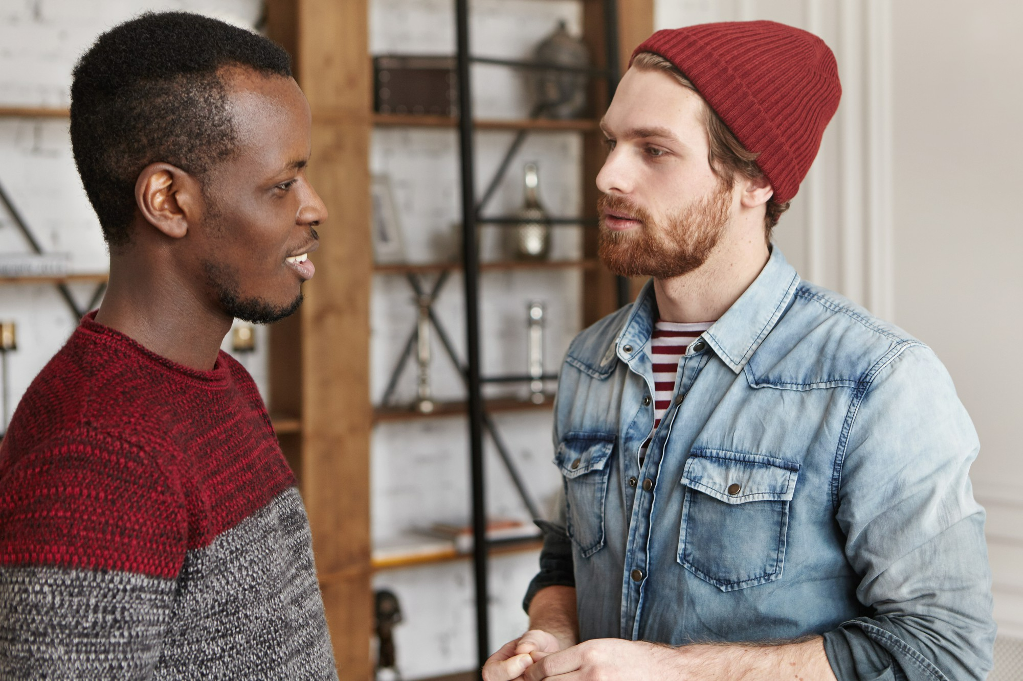 Two men talking as part of ongoing recovery support and outcome monitoring 
