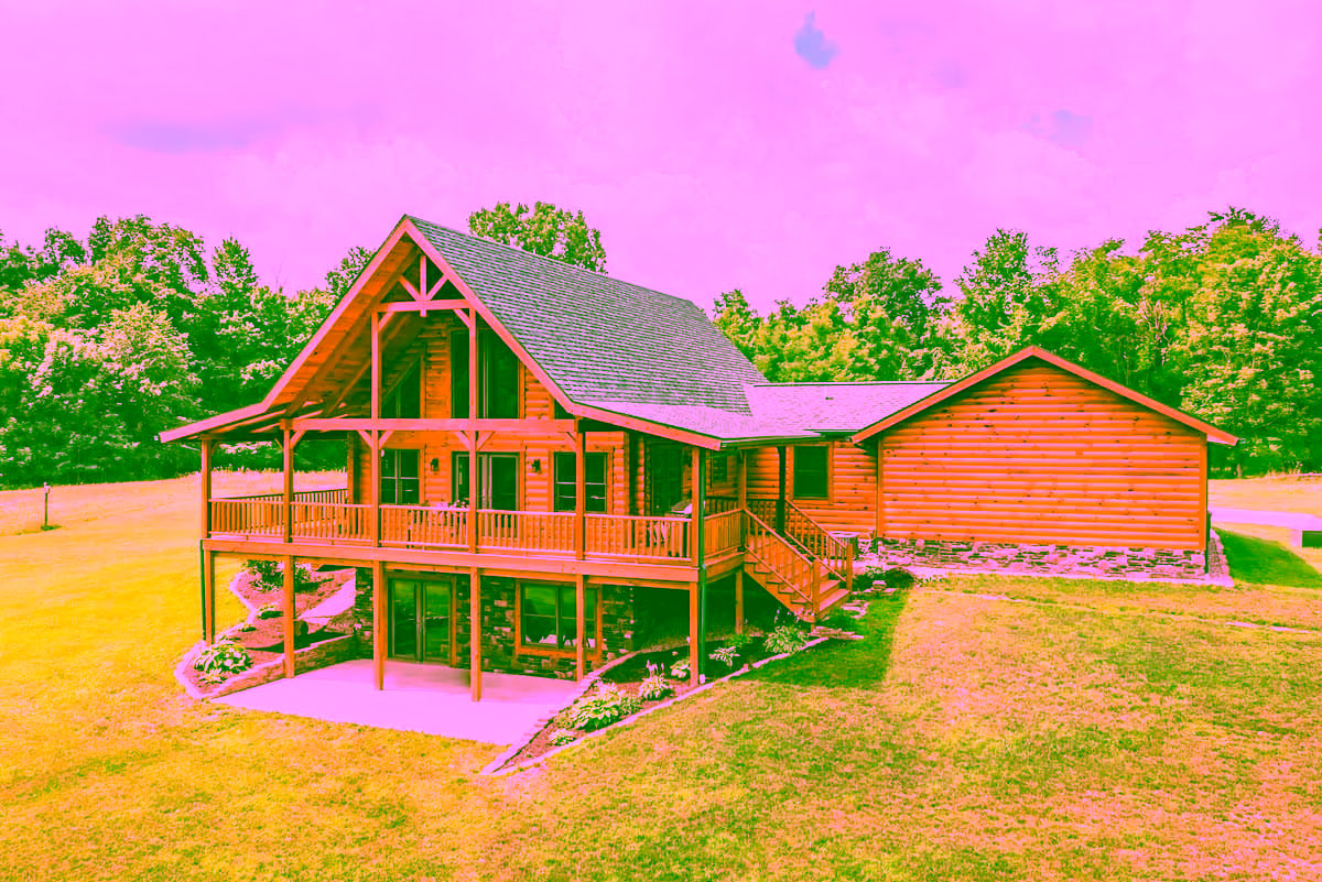 A spacious log home with a large front porch, featuring wooden siding and a green roof. The house is situated in a grassy area surrounded by trees, showcasing a blend of nature and custom design. Perfect example of log homes and amish homes.