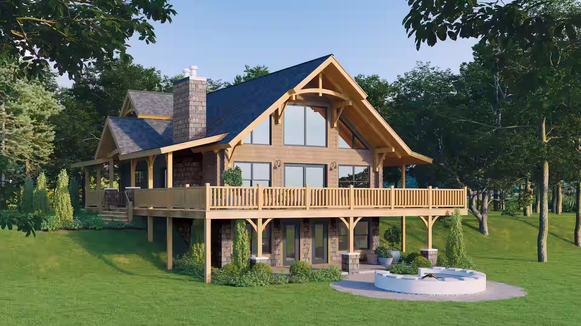 A spacious living room in a log home featuring large windows, a stone fireplace, and wooden beams. A comfortable seating area includes a sofa and armchair, with a wooden coffee table and a floor lamp. Decor reflects a cozy, rustic style.