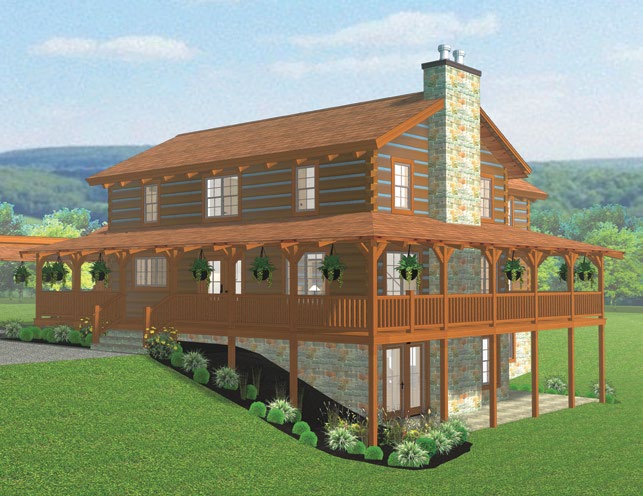 Rendering of the Hochstetler custom Appalachian-style hand-hewn chinked log home with a stone chimney and wraparound porch.