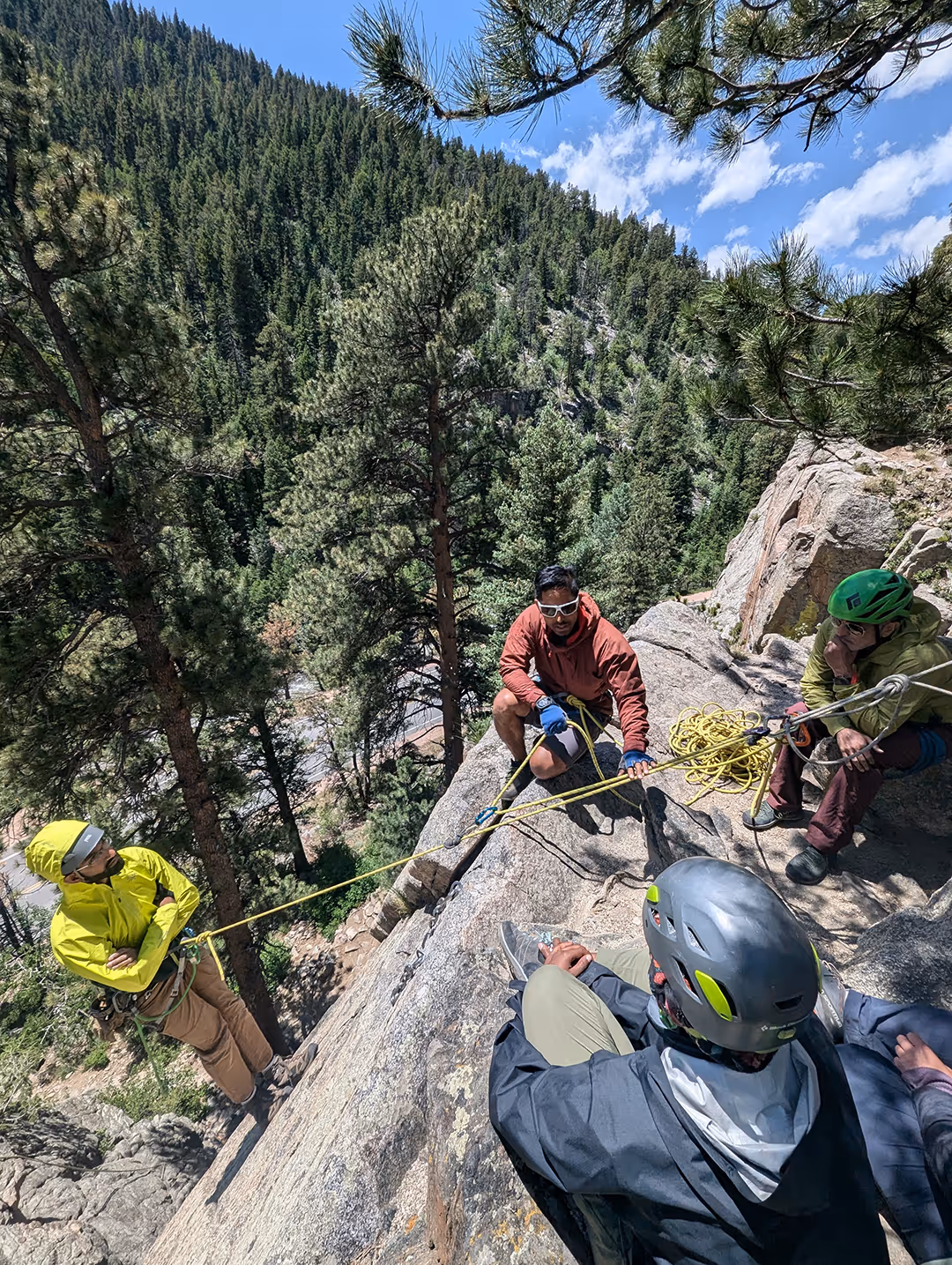 Four climbers set up ropes on a rocky ledge surrounded by trees.