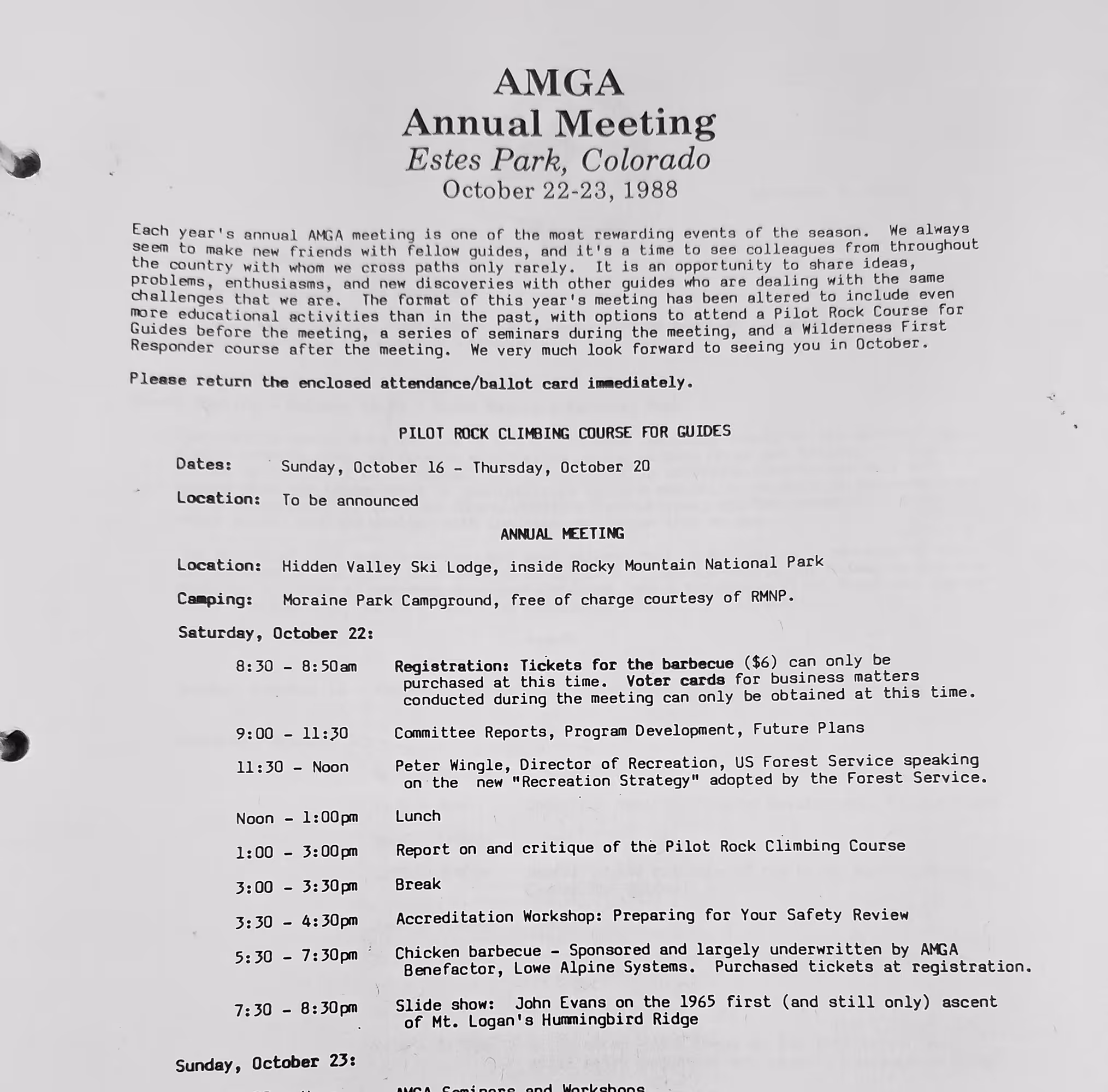 Text document titled "AMGA Annual Meeting, Estes Park, Colorado," detailing a schedule for workshops and events.