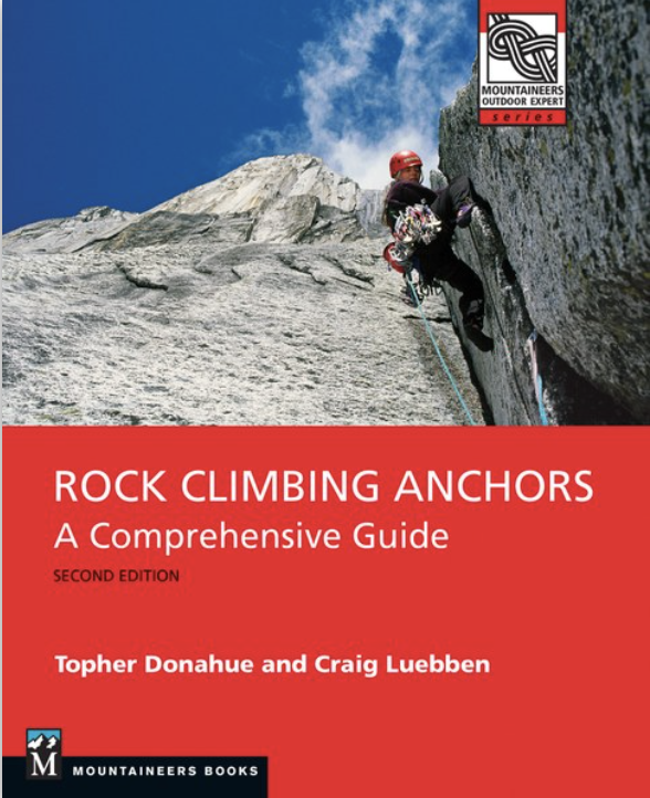 Person climbing a steep rock face, carrying climbing gear. Book title: "Rock Climbing Anchors."