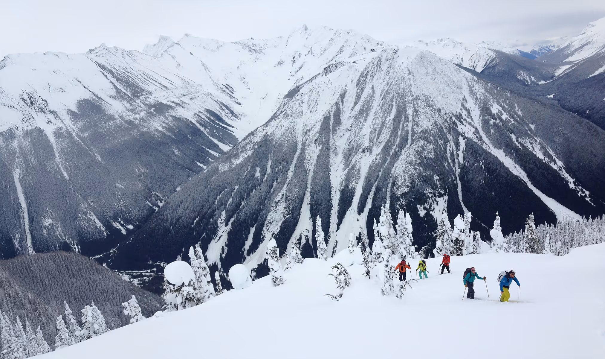 Four hikers trekking through deep snow on a mountain slope with snow-covered trees and peaks in the background.