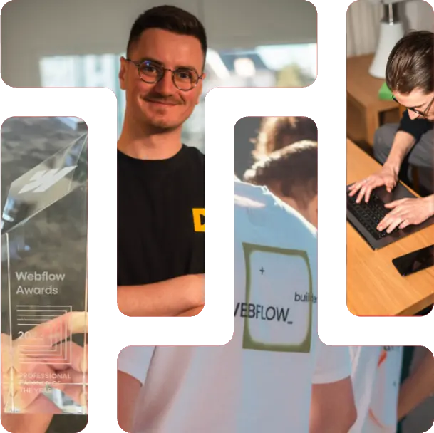 Image avec un awards Webflow. Image avec Thibaut, image avec le t-shirt Webflow Builder, image de Lucas qui développe.