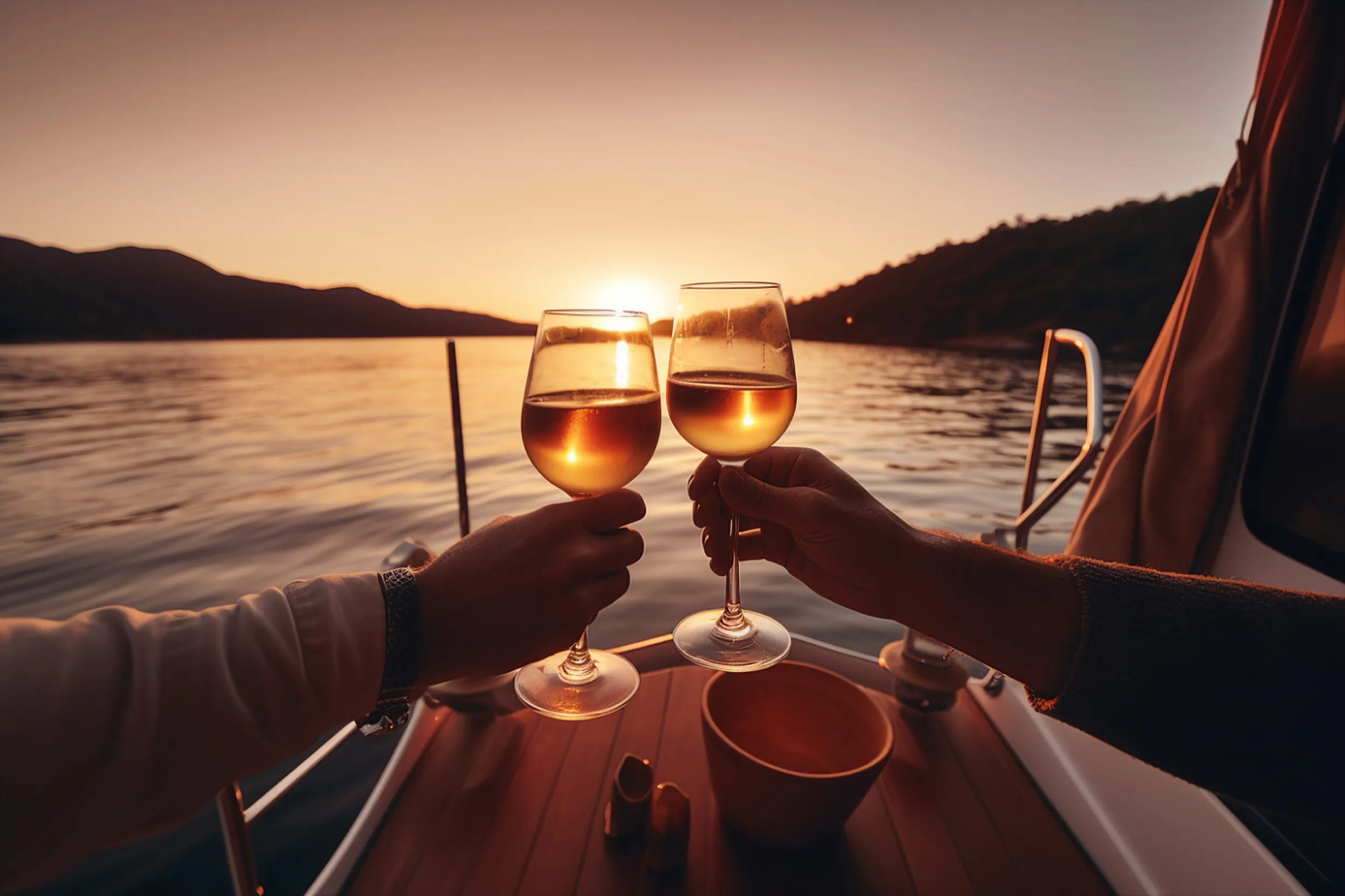 Two people toasting with wine glasses on a boat