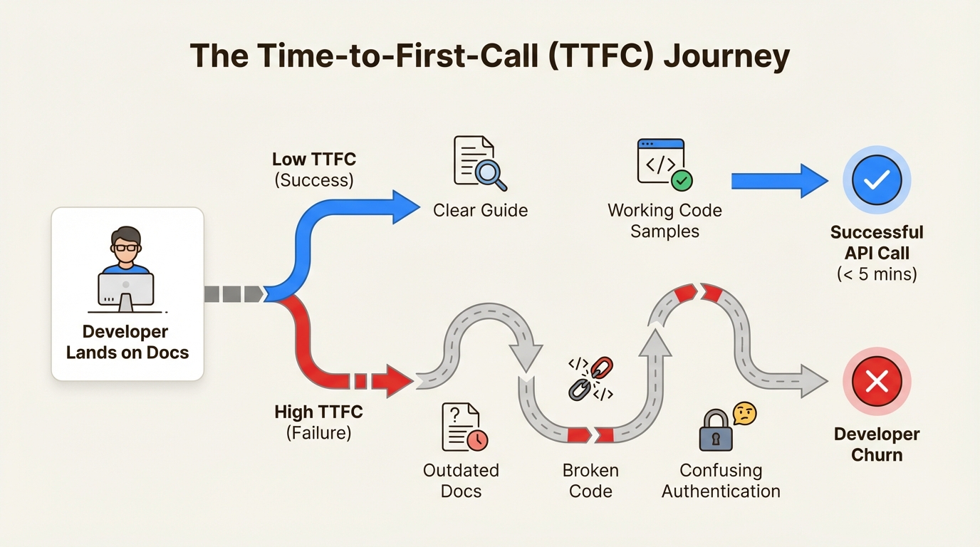 An infographic showing the two paths a developer can take: a short path to success with a low TTFC, and a long, frustrating path to churn with a high TTFC.