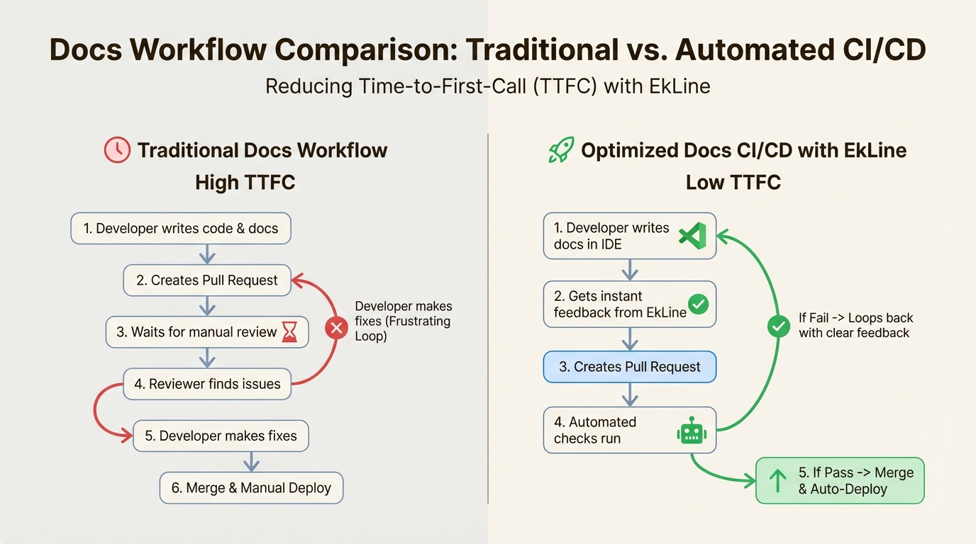 A comparison of a slow, manual documentation workflow versus a fast, automated Docs CI/CD workflow using EkLine.