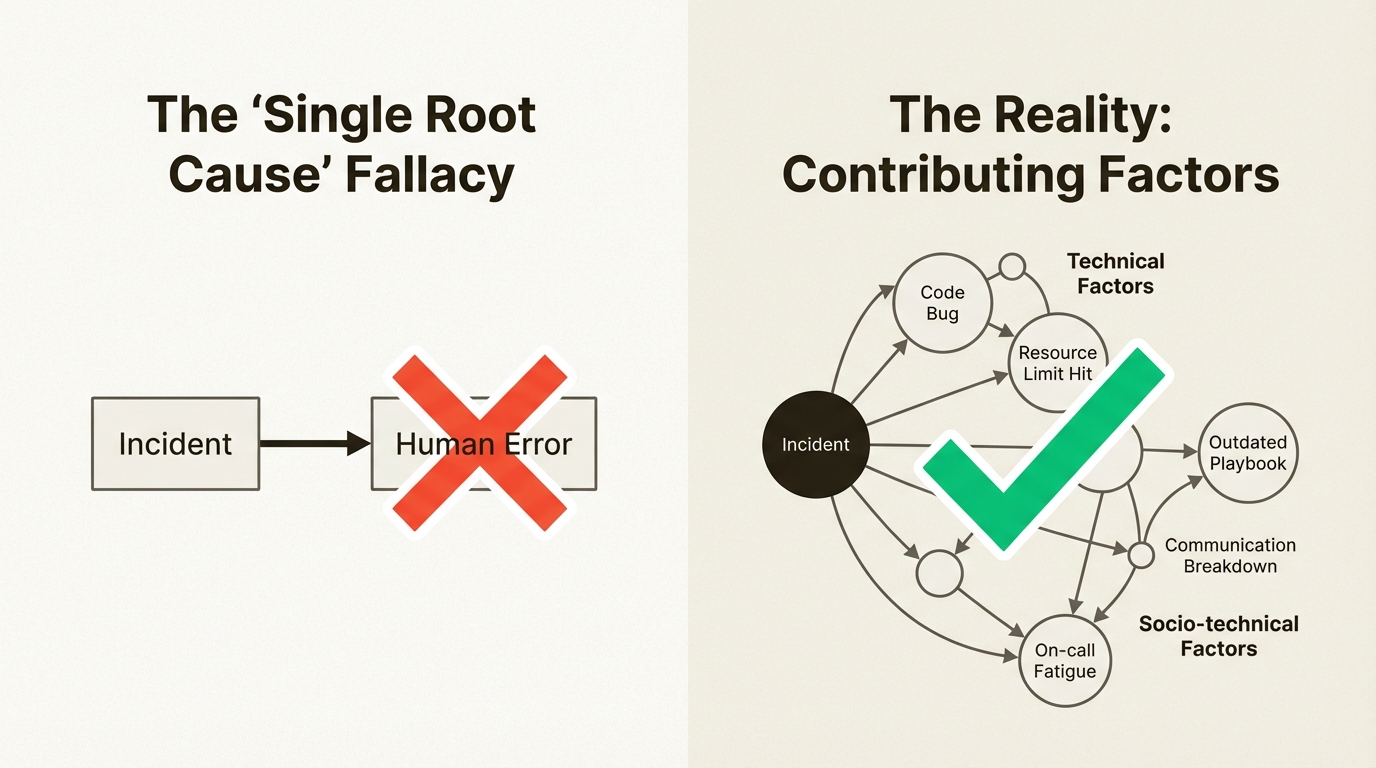 A comparison infographic illustrating the difference between a single root cause and multiple contributing factors in the Docs Later Postmortem Pattern.