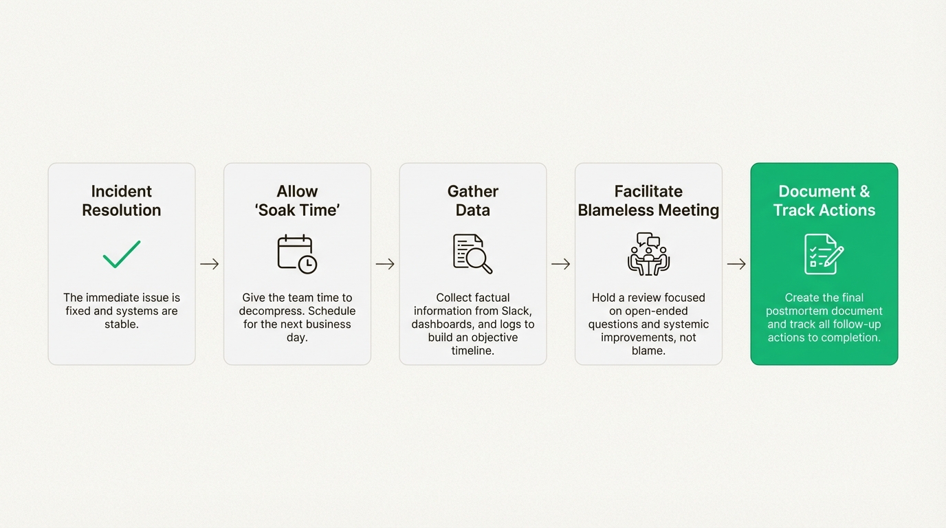 A workflow diagram showing the five steps of the blameless Docs Later Postmortem Pattern, from incident resolution to tracking action items.