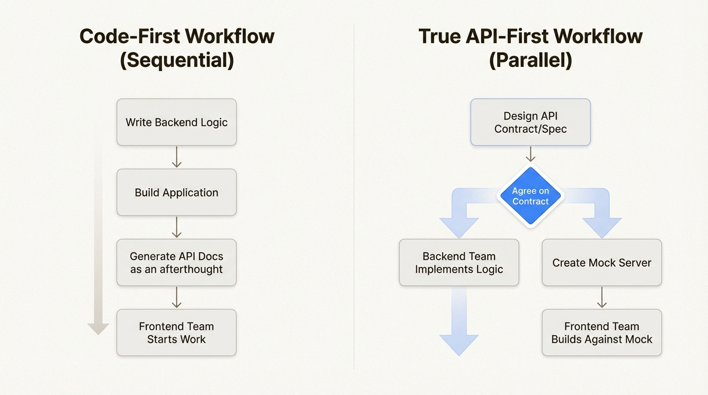 A diagram comparing the sequential code-first workflow with the parallel API-first workflow.