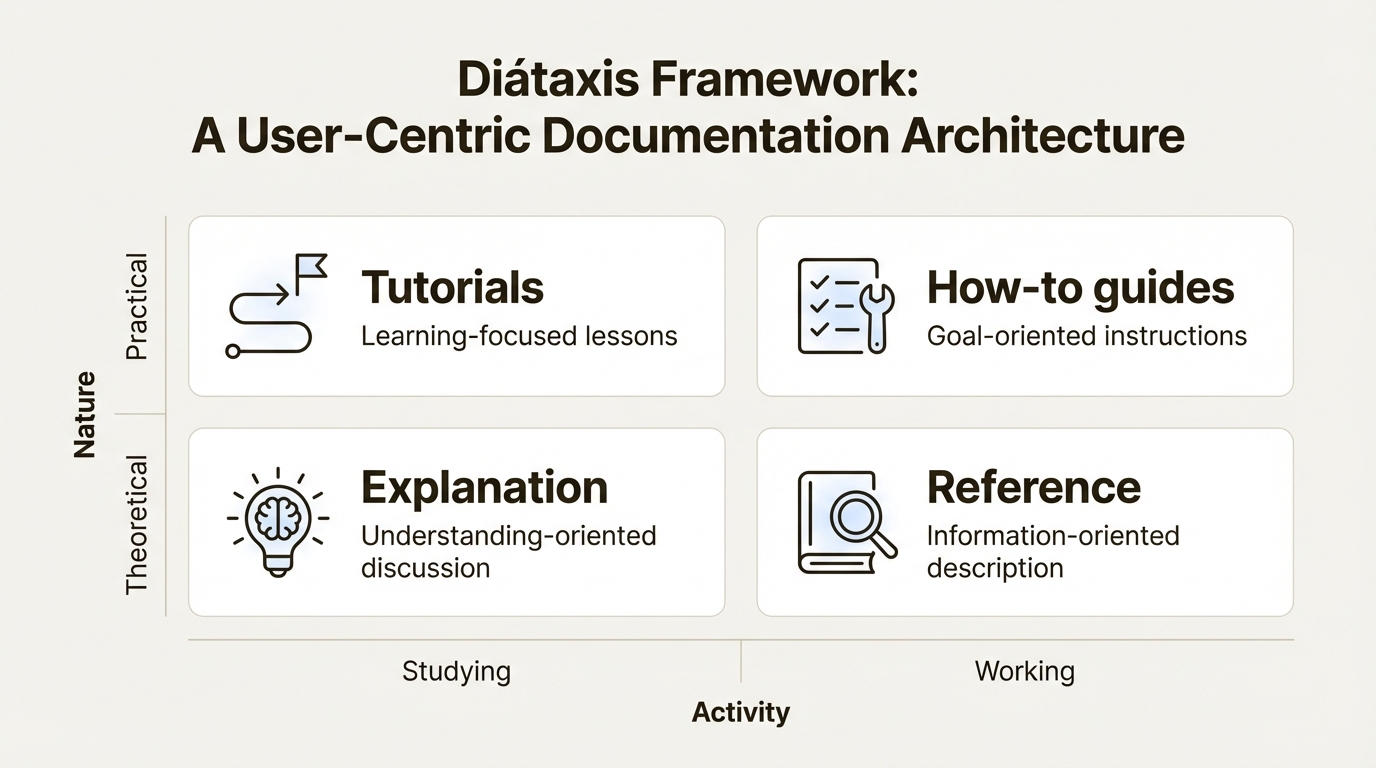 An infographic showing the four quadrants of the Diataxis framework Docs Agent, categorized by practical vs. theoretical and studying vs. working.