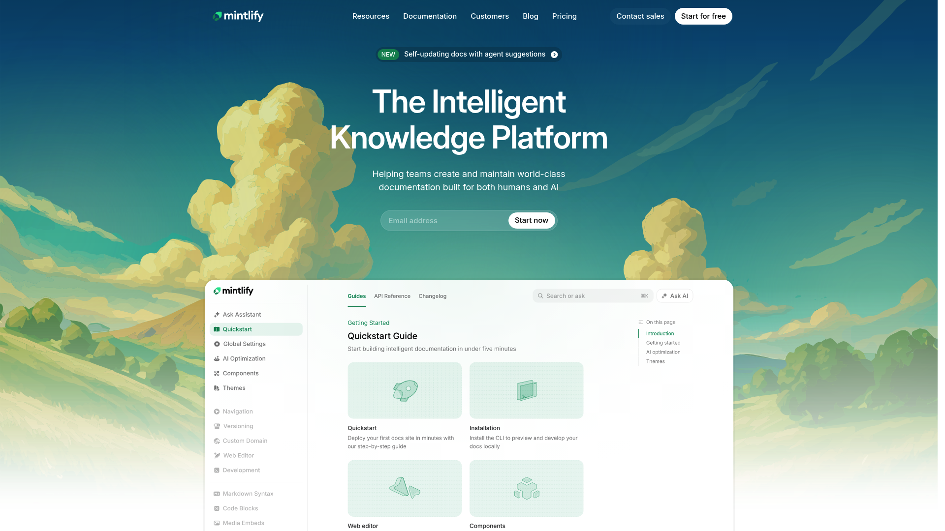 A screenshot of the Mintlify homepage, a key tool in the EkLine vs Mintlify comparison.