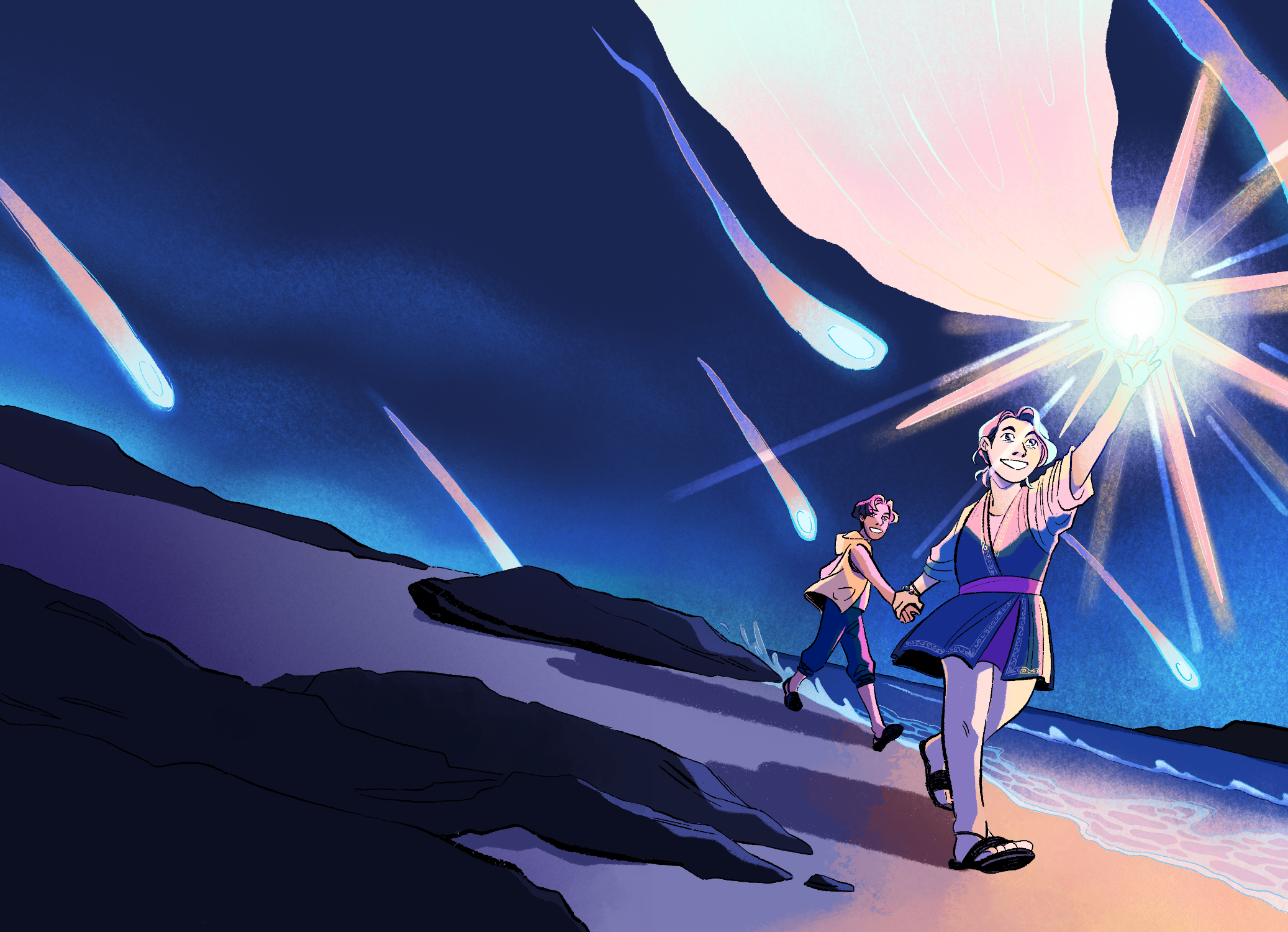 illustration of two children running along a beach at night to catch falling stars