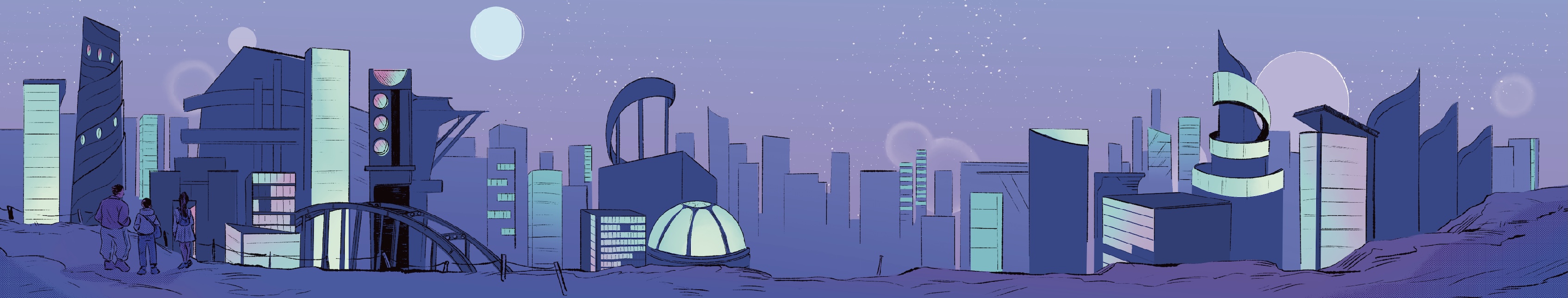 illustration of a scifi cityscape in a pastel palette. three small figures look over the city from a grassy cliff in the foreground.