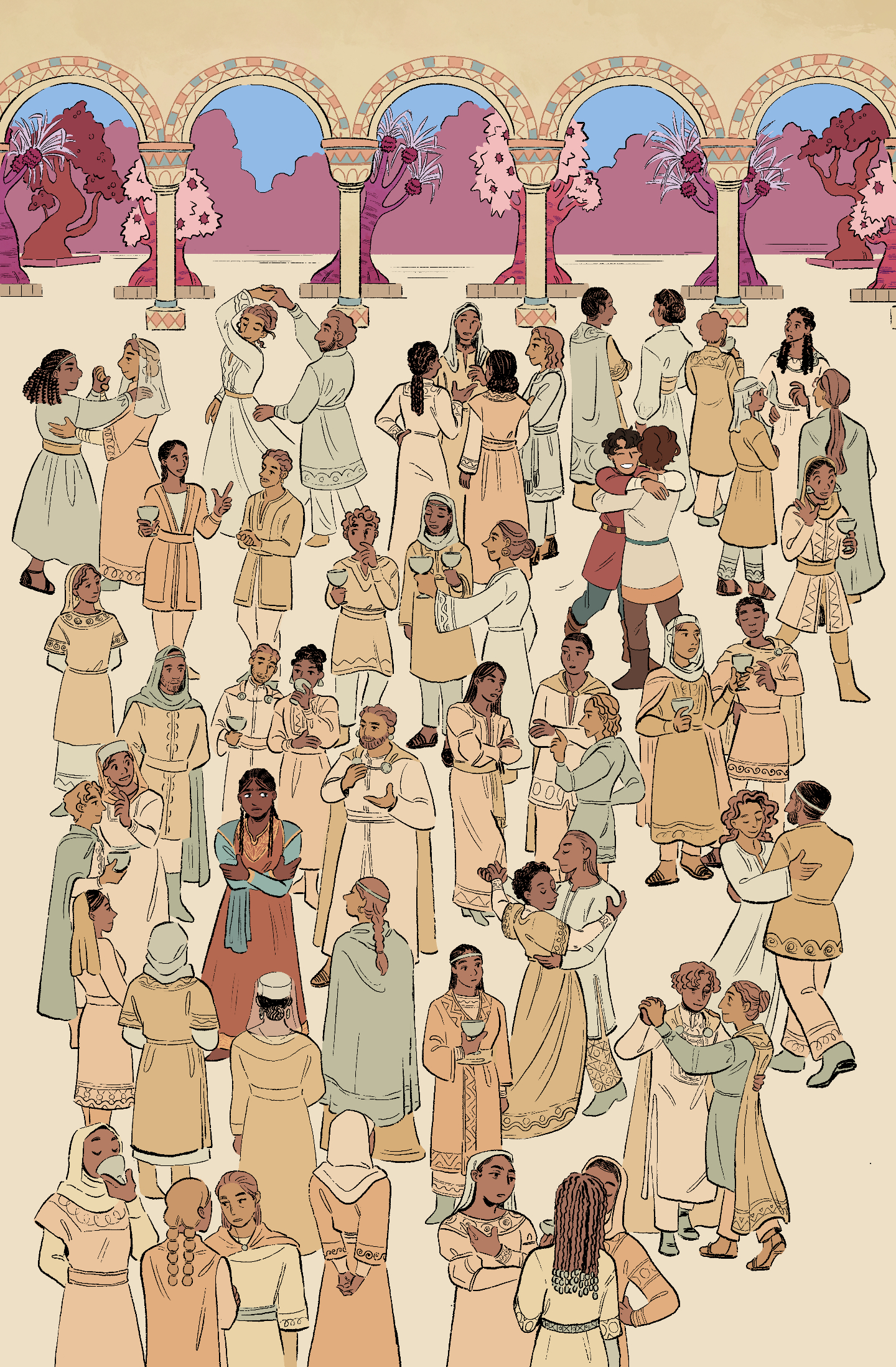 full page illustration from the comic Sand by Alex Lupp depicting a room full of people mingling at a party 